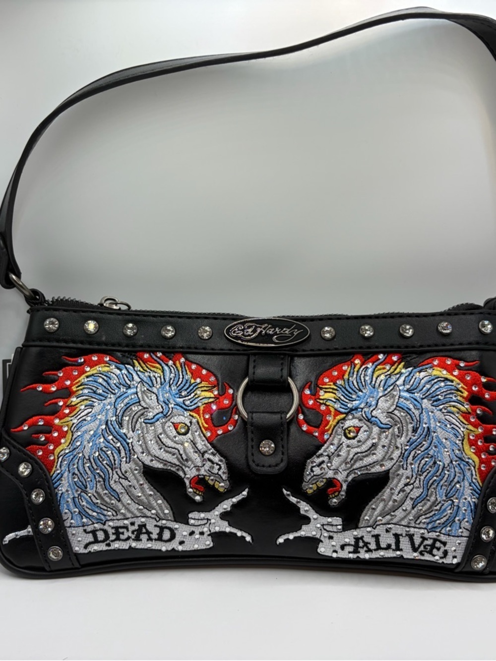 Ed Hardy Black Shoulder Bag with Embroidered Unicorns and Studs